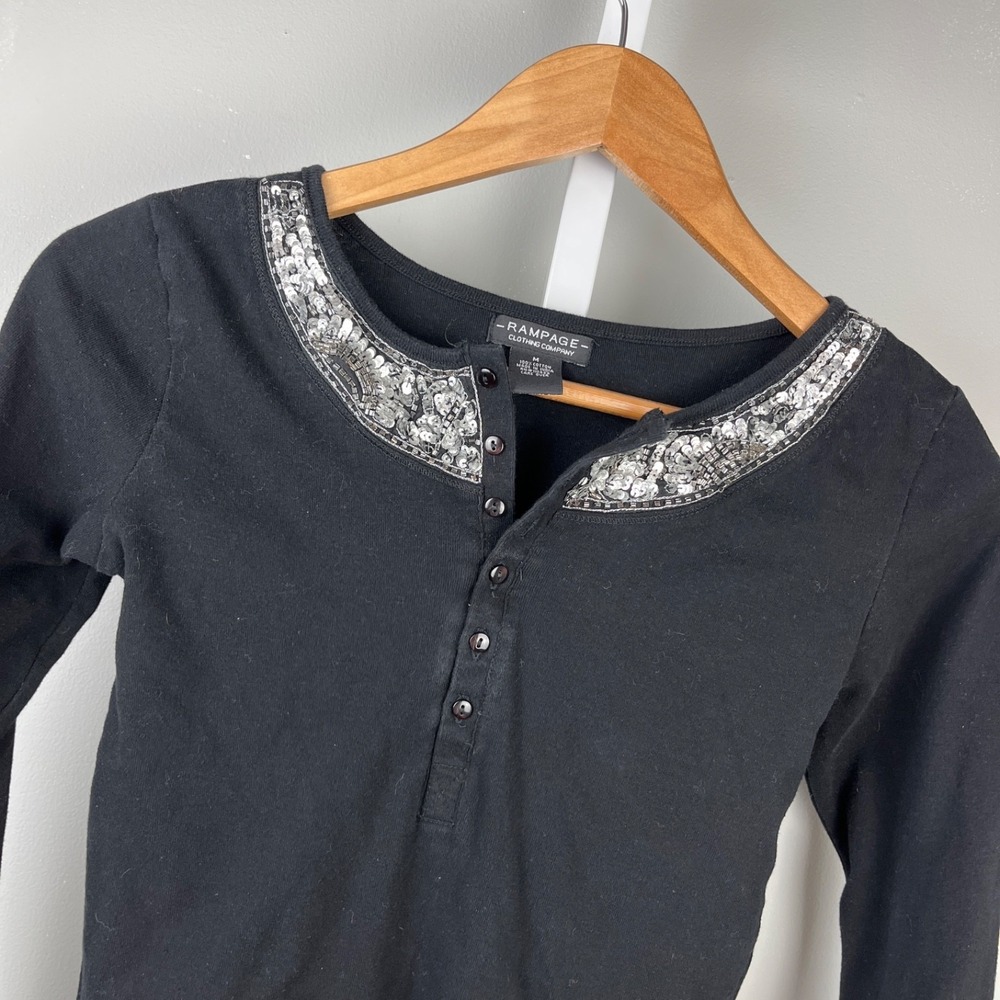 Rampage Y2K Black Sequin Knit Henley Top Womens M‎ Long Sleeve